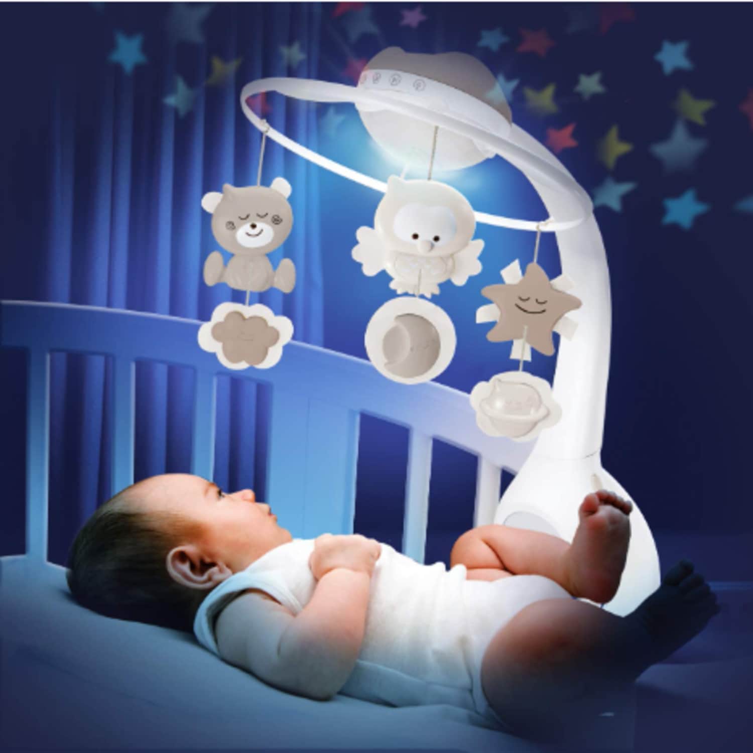 Móvil para bebé para cuna con música y luces, control remoto, lámpara,  proyector para empacar y jugar, para mayores de 0 meses (bosque azul)